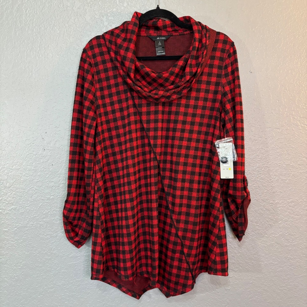 Ali Miles Red Black Buffalo Check Cowl Neck Tunic Top Roll Tab Sleeve Medium NWT